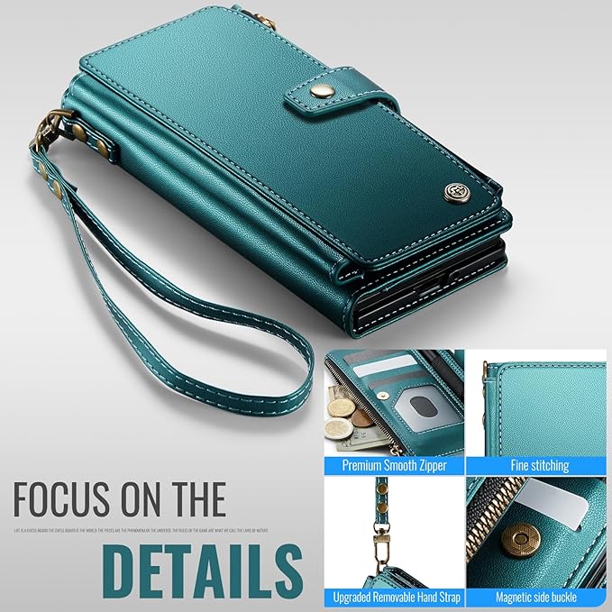 Vinich for Samsung Galaxy Z Fold 7 Wallet Case with Card Holder, Detachable Strap RFID Blocking Credit Slots Kickstand Shockproof Phone Cover for Women Men, Bluish Green