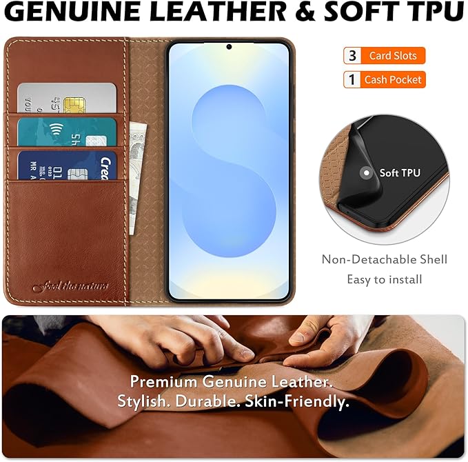 SHIELDON Case for Galaxy S25 Edge 5G, Genuine Leather Folio Wallet Magnetic Kickstand RFID Blocking Card Slots Shockproof Full Protection Cover Compatible with Galaxy S25 Edge 6.7" 2025 - Retro Brown