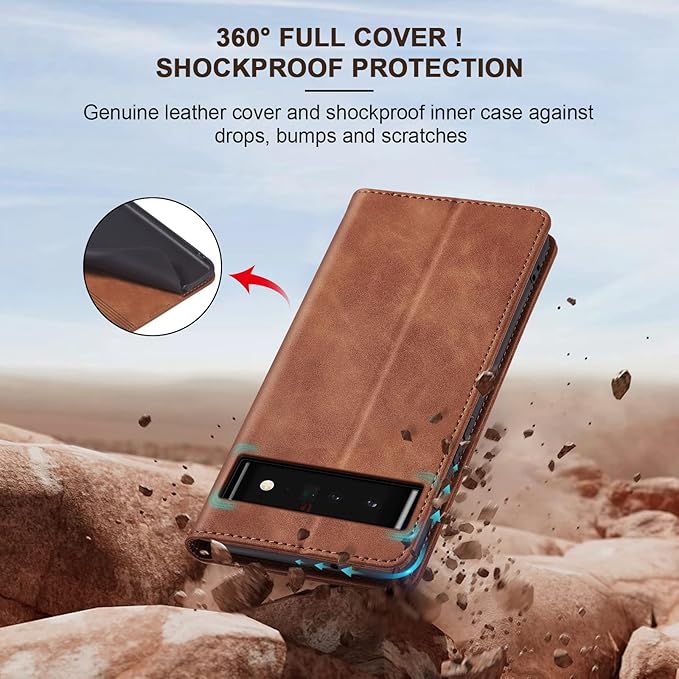 Jasonyu Flip Wallet Case for Google Pixel 6 Pro 5G,Leather Magnetic Folio Cover with Card Holder,Kickstand - TPU Shockproof Durable Protective Phone Case,Brown
