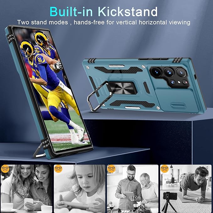 DEERLAMN Case for Samsung Galaxy S25 Ultra with Slide Camera Cover+Screen Protector (1 Pack), Rotated Ring Kickstand Military Grade Shockproof Protective Cover-Light Blue