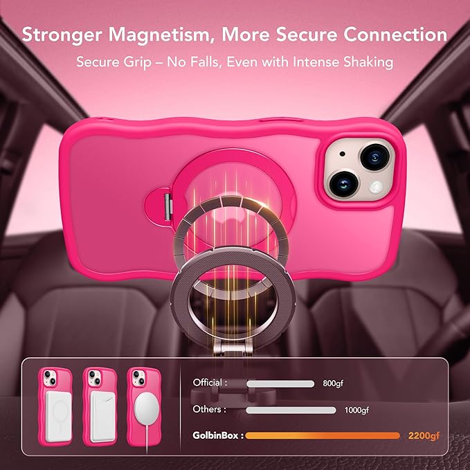 for iPhone 13 Case & iPhone 14 Case for Women,[Compatible with Magsafe][360° Spin Magnetic Stand][Cute Wave Edge][Military-Grade Protection] Translucent Matte Phone case for iPhone 13/14, Hot Pink