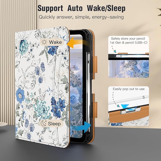 MoKo for iPad (A16) 11th Generation Case 11 inch 2025, iPad 10th Generation Case 10.9" 2022 with Pencil Holder & Pocket, Premium Leather Folio Stand Cover, Multiple Viewing Angles, White Blue Floral