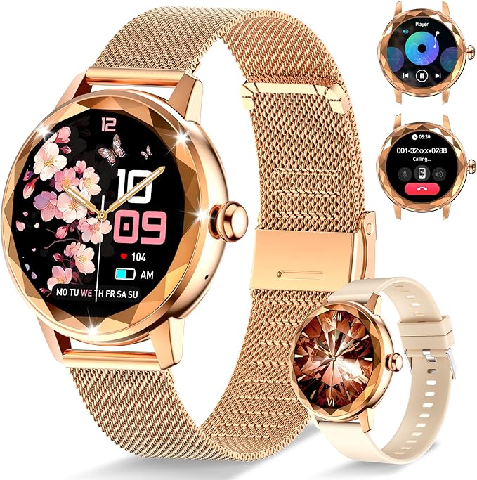 Smart Watch for Women with Make/Answer Call, 1.2" Adjustable Fitness Watch with Heart Rate Sleep Monitor Female Cycle and 100+ Sports Modes (W02-Rose Gold)