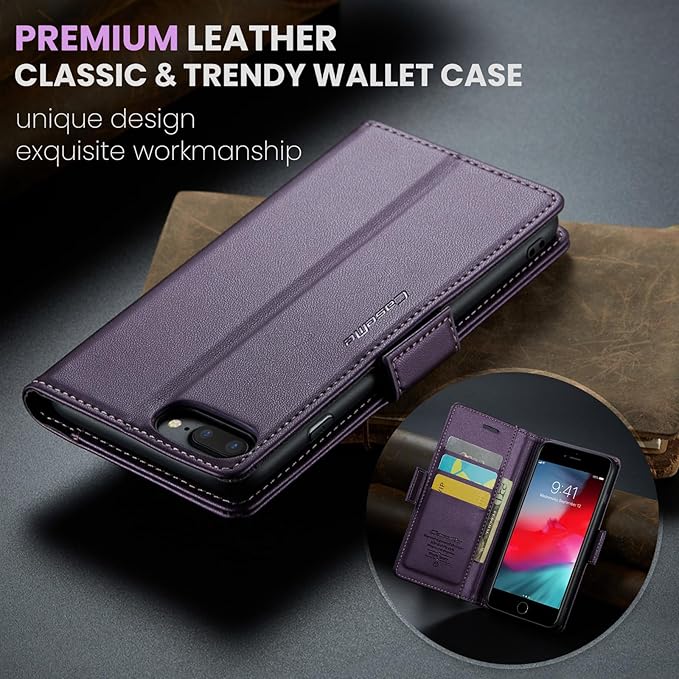 for iPhone 8 Plus & 7 Plus Case, Premium PU Leather Wallet Case Flip Cover with [RFID Blocking][Card Holder][Stand Function] Shockproof Protective for iPhone 8 Plus & 7 Plus, Purple