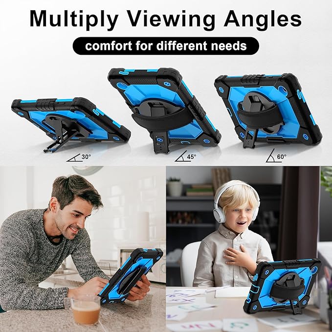 for Samsung Galaxy Tab A9 Case 8.7 inch SM-X110 X115 X117, Heavy Duty Shockproof Silicone Cover Rugged 360 Stand Hand Shoulder Strap for Galaxy A9 Tablet, Black/Blue