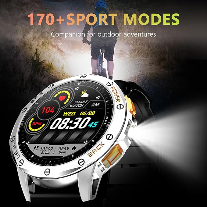 Military Smart Watch for Men & Women, 1.43" AMOLED Smartwatch with 100+ Sport Modes,Heart Rate Monitor, Compass, Flashlight, GPS, Compatible iOS & Android (Silver)