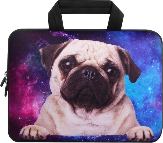 Violet Mist 11 11.6 12 Inch Laptop Sleeve Funny Dog Pattern Laptop Carrying Bag Case with Handle Cute Protective Neoprene Notebook Tablet Computer Travel Cover Pouch Briefcase, Galaxy Pug