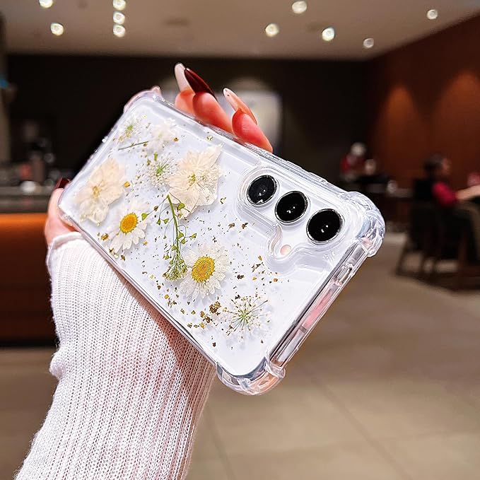 Compatible with Samsung Galaxy S25 Case Cute Pressed Dried Real Flowers Design Women Girly Shockproof Glitter Floral Clear Phone Cover for Galaxy S25 (White Flower)