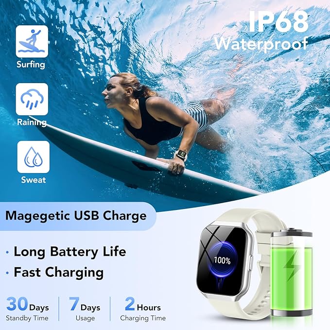 Smart Watch for Men Women, 1.96" HD Fitness Watch with Bluetooth Call, Smartwatch with 112+ Sport Modes/Heart Rate/Sleep Monitor/Pedometer, IP68 Waterproof Watch Compatible with Android/iOS, White