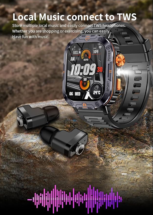 Military Smart Watch for Men (Music Storage), 2.01" Smart Watch for Android and iOS, Fitness Tracker with Flashlight/Connectable TWS Earphones/Health Monitoring/100+ Sports Modes (Orange)