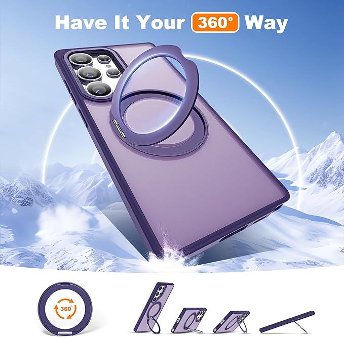 for Samsung Galaxy S25 Ultra Case with 360°Rotatable Magnetic Ring Stand Compatible with Mag-Safe Military Protection Shockproof Matte Translucent Phone Cases for S25 Ultra 6.9",Dark Purple
