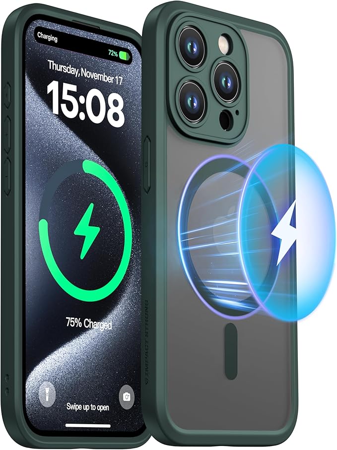 ImpactStrong Magnetic Guard Designed for iPhone 15 Pro Case [Camera Protection] [Military Grade Drop Tested] [Compatible with MagSafe] Slim Translucent Matte Phone Case (6.1") - Dark Green