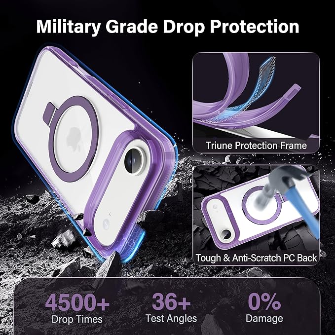 Magnetic Case for iPhone Air - [Built-in Invisible Stand] [Compatible with MagSafe] [Military Grade Drop Protection] Anti-Yellowing Hard Back Silicone Edge Cover, 6.5", Clear Purple