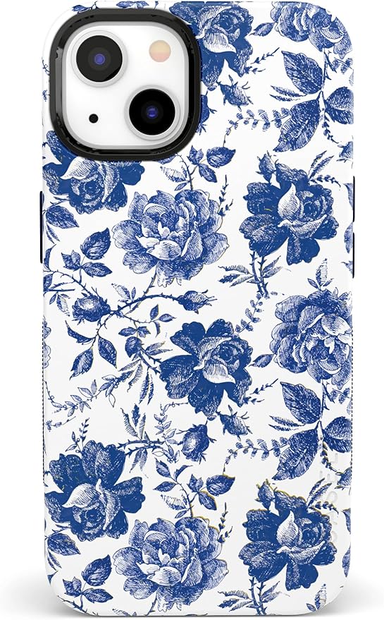 Casely iPhone 14 Case | Rose to Fame | Blue & White Rose Floral | Compatible with MagSafe | Bold Protective Design