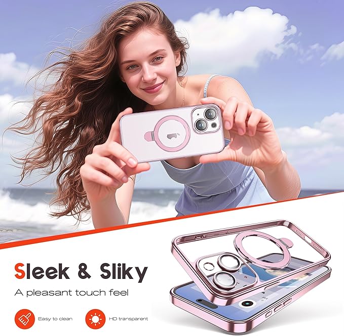 Compatible with Clear iPhone 15 Case with Magnetic Stand [Compatible with Mag-Safe][Full Camera Len Protectors] Shockproof Plating Phone Case for iPhone 15 6.1’’,Rose Gold