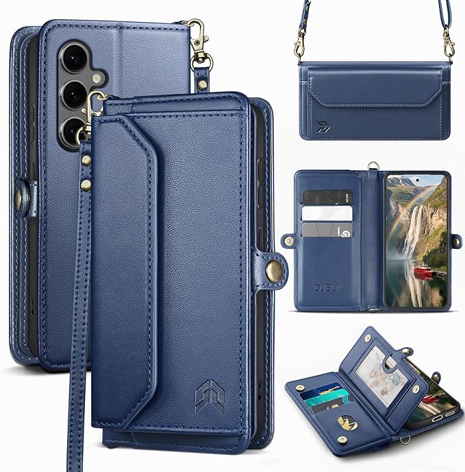 DJBull for Samsung Galaxy S25 Wallet Case with Card Holder, Shoulder and Wristlet Straps, Soft PU Leather, Magnetic Snap, Flip Phone Case for Women Men for Samsung S25 Blue