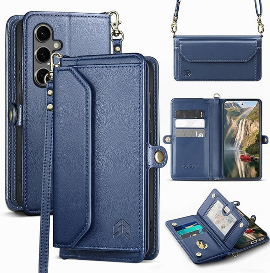 DJBull for Samsung Galaxy S25 Wallet Case with Card Holder, Shoulder and Wristlet Straps, Soft PU Leather, Magnetic Snap, Flip Phone Case for Women Men for Samsung S25 Blue