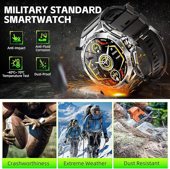 Military Smart Watch for Men with 1.43'' AMOLED Always On Display Watch 300mAh Battery Rugged Smartwatch with Heart Rate Blood Oxygen Sleep Monitor Fitness Tracker for iPhone Android (Stainless Steel)
