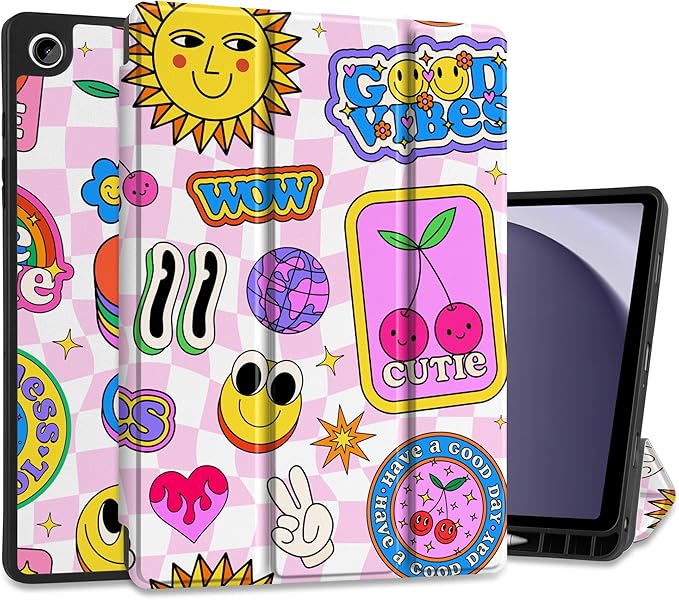 MEEgoodo Case for Samsung Galaxy Tab A9 Plus 11 inch Cover 2024 2023 with S Pen Holder, A9+ Smart Tablet Cases with Leather Trifold Stand+Soft TPU Back Shell+Smart Auto Wake/Sleep, Pattern Stickers
