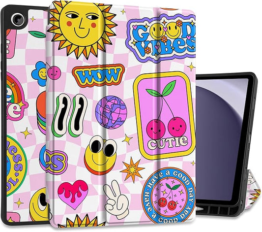 MEEgoodo Case for Samsung Galaxy Tab A9 Plus 11 inch Cover 2024 2023 with S Pen Holder, A9+ Smart Tablet Cases with Leather Trifold Stand+Soft TPU Back Shell+Smart Auto Wake/Sleep, Pattern Stickers