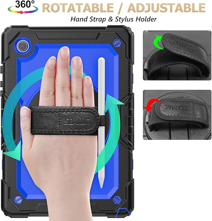 SEYMAC stock Case for Samsung Galaxy Tab A9 8.7'', Full-Body Drop Protection Case with Screen Protector Pencil Holder [360° Rotating Hand Strap] &Stand, Blue+Black