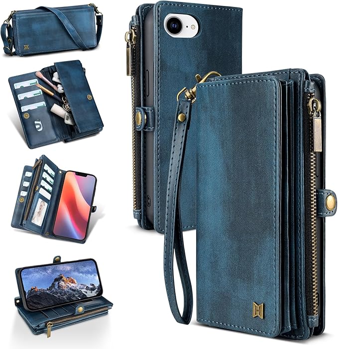 for iPhone 16e Wallet Phone Case with 7 Card Holder,RFID Blocking | PU Leather | Kickstand | Flip | Wrist Strap&Shoulder Strap | Shockproof | Zipper Wallet | Women Men | 6.1" | Blue