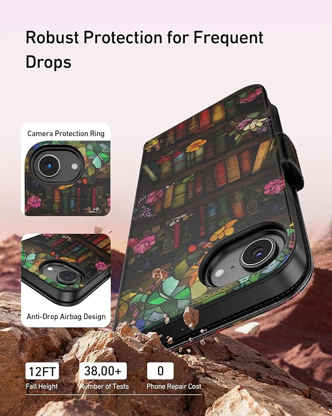 DEENAKIN for iPhone 16e Wallet Case with Card Holder + Cash Clip, RFID-Blocking, Military-Grade Drop Protection, Magnetic Closure with Leather Kickstand - Bookshelf Flowers