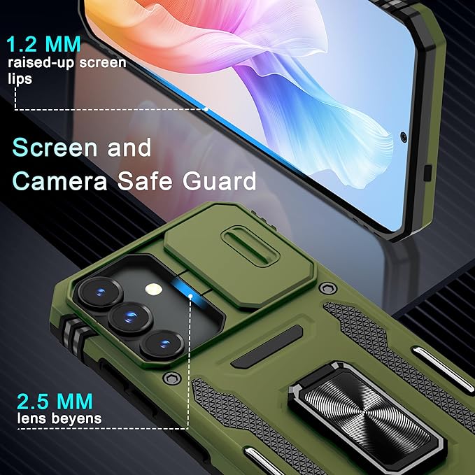 DEERLAMN Case for Samsung Galaxy S25 6.2-Inch with Slide Camera Cover+Screen Protector (1 Pack), Rotated Ring Kickstand Military Grade Shockproof Protective Cover-Olive Green