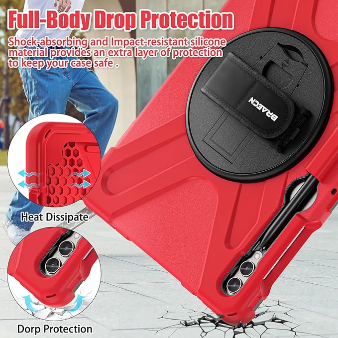 BRAECNstock for Samsung Galaxy Tab S10+ Plus/ S9 FE+ Plus/ S9+ Plus/ S8+ Plus/ S7 FE/ S7+ Plus 5G Tablet Case 12.4 inch Shockproof Protective Kids Cover with Pen Holder Rotating Stand+Hand Strap - Red