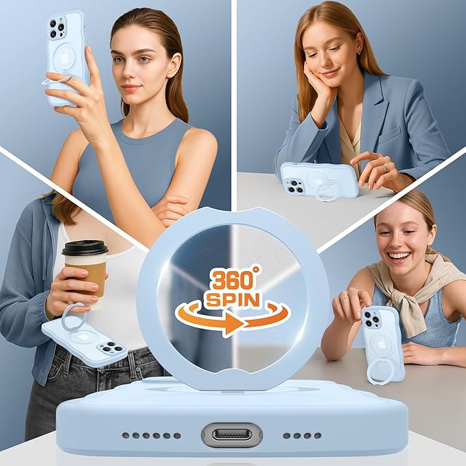 GolbinBox for iPhone 14 Pro Case for Women,[Compatible with Magsafe][360° Spin Magnetic Stand][Cute Wave Edge][Military-Grade Protection] Translucent Matte Phone Case for iPhone 14 Pro, Baby Blue