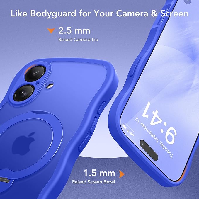 for iPhone 16 Plus Case,[Compatible with Magsafe][360° Spin Magnetic Stand][Military-Grade Protection][Camera Control][Cute Wave Edge]Translucent Matte Women Phone Cover for 16 Plus, Ultramarine