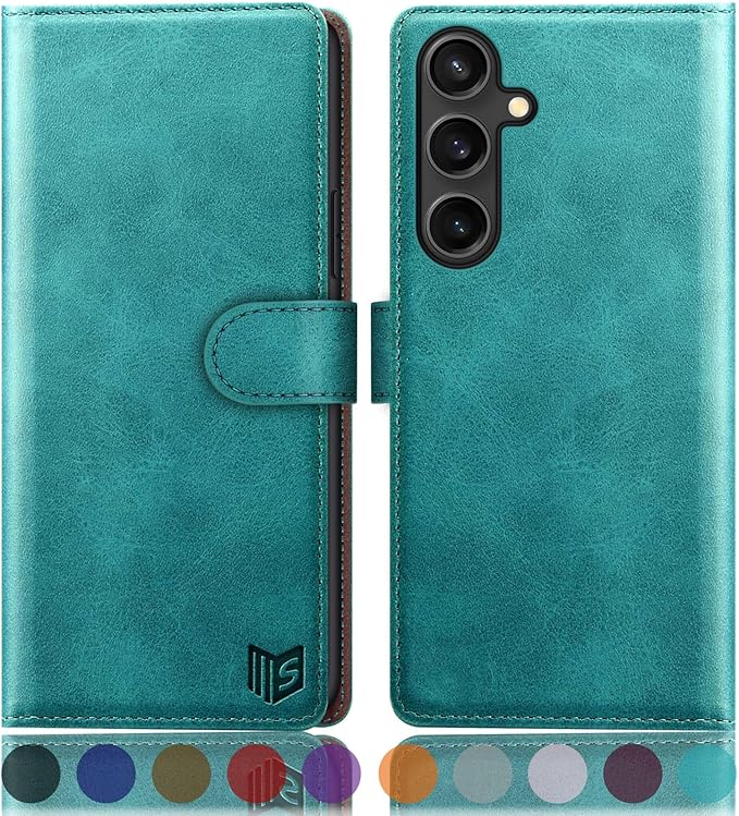 SUANPOT Compatible with Samsung Galaxy S25 FE 5G Wallet case with RFID Blocking Credit Card Holder,Flip Book PU Leather Protective Cover Men Women for Samsung S25 FE case Blue Green