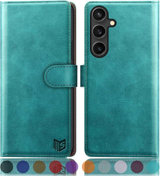 SUANPOT Compatible with Samsung Galaxy S25 FE 5G Wallet case with RFID Blocking Credit Card Holder,Flip Book PU Leather Protective Cover Men Women for Samsung S25 FE case Blue Green