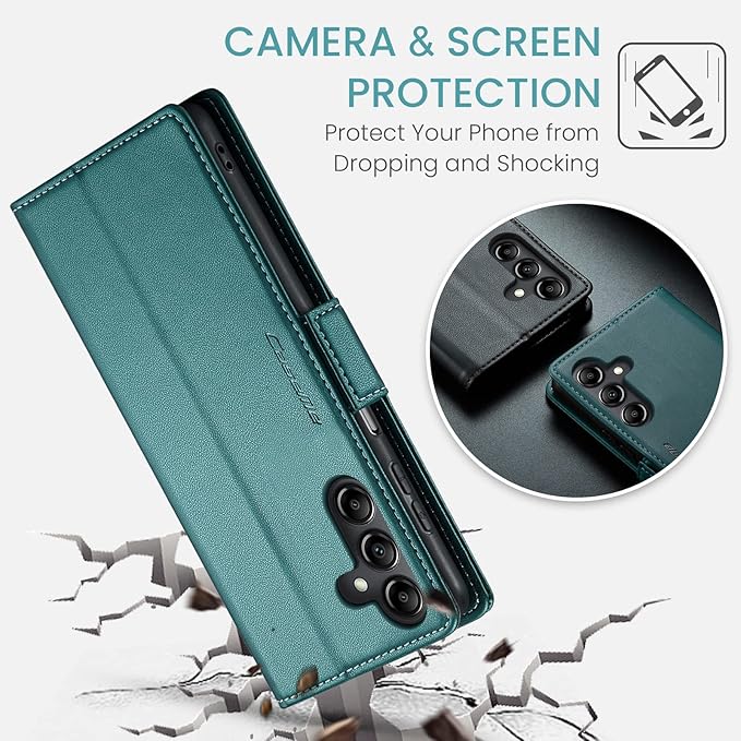 for Samsung Galaxy A14 4G/5G Case, Premium PU Leather Wallet Case Flip Cover with [RFID Blocking][Card Holder][Stand Function] Shockproof Protective for Samsung Galaxy A14, Blue-Green