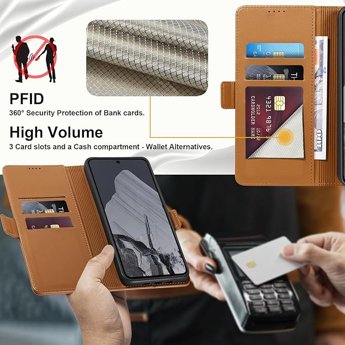 Wallet Flip Case for Google Pixel 8 Pro - [RFID Blocking] Luxury PU Leather Card Holder Magnetic Phone Cover with Kickstand,Shockproof Protective Case,Brown