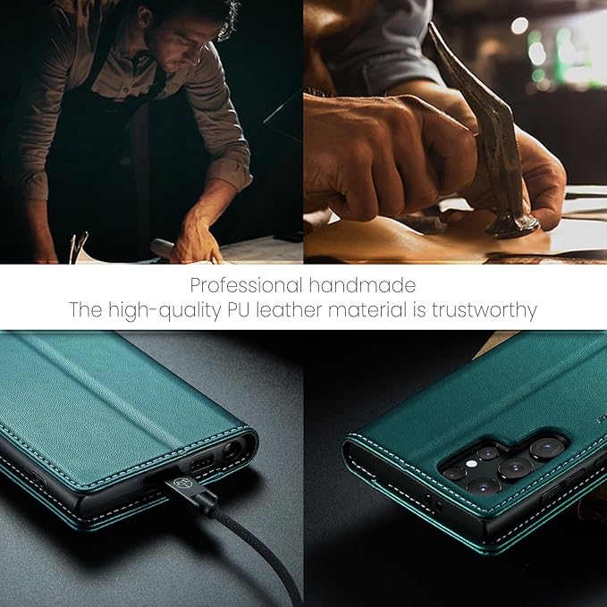 AUPAI for Samsung Galaxy S25 Ultra Wallet Case with Credit Card Holder, PU Leather RFID Blocking Folio Flip Kickstand Magnetic Clasp Protective Phone Cover for Women Men Cyan