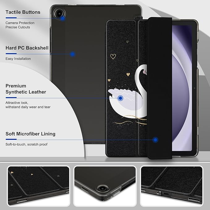 DONGKE Case for Samsung Galaxy Tab A9+/A9 Plus 11 inch 2024 2023 (SM-X210/X216/X218), Slim Stand Hard PC Translucent Back Shell Smart Cover, Auto Wake/Sleep - Cute Swans