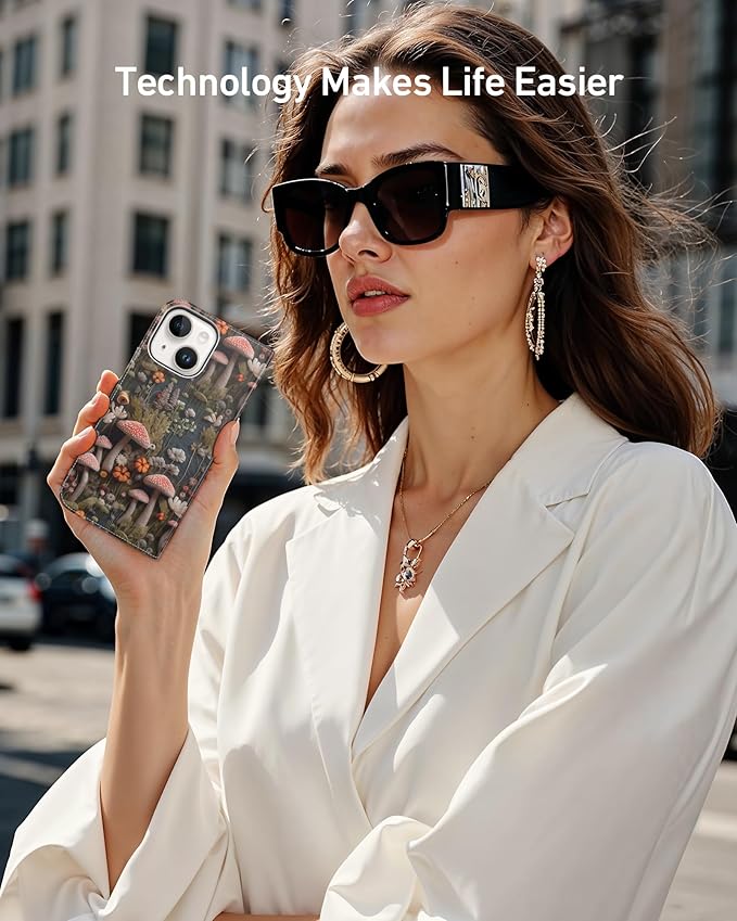 DEENAKIN for iPhone 15 Plus Wallet Case with Card Holder + Cash Clip, RFID-Blocking, Military-Grade Drop Protection, Magnetic Closure with Leather Kickstand - Mushroom Floral