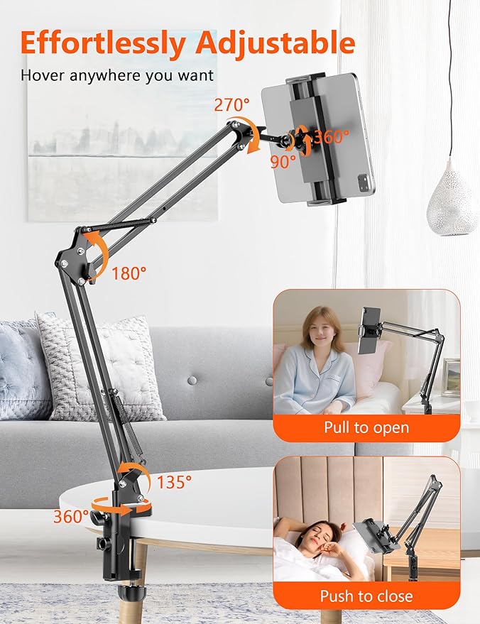 Tablet Holder for Desk, iPad Stand Phone Holder for Desk, Overhead Tablet Desk Mount for Bed with 360° Rotation, Compatible with iPhone iPad Kindle 4.7-13" Devices