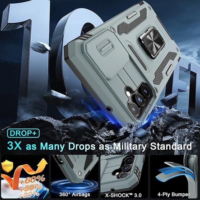 DEERLAMN Case for Samsung Galaxy S23 FE 6.4-Inch with Slide Camera Cover+Screen Protector(1 Pack),Rotated Ring Kickstand Military Grade Shockproof Protective Cover-Grey