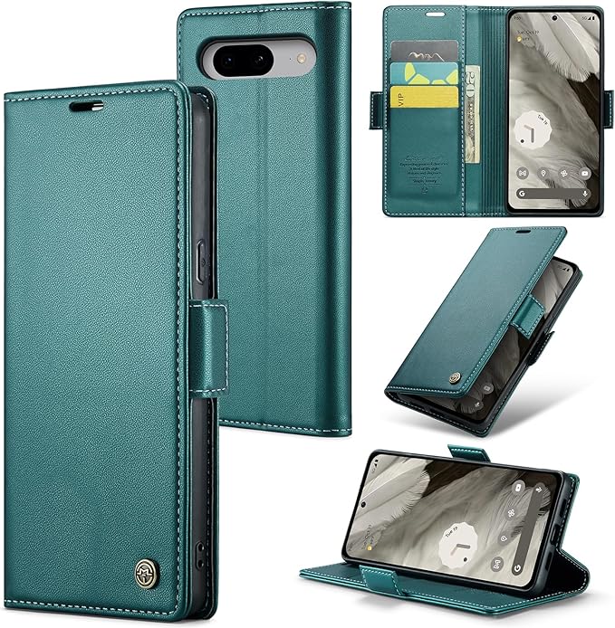 for Google Pixel 8 Case, Premium PU Leather Wallet Case Flip Cover with [RFID Blocking][Card Holder][Stand Function] Shockproof Protective for Google 8, Blue-Green