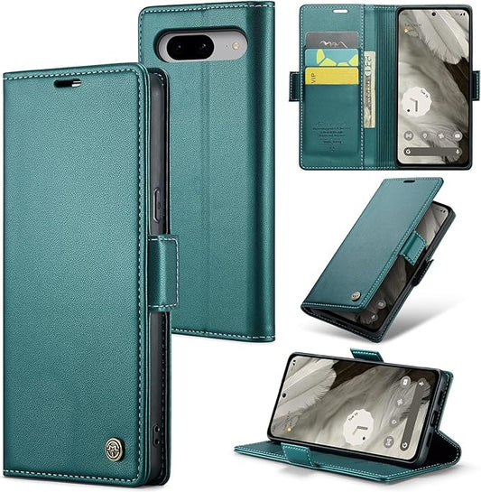 for Google Pixel 8 Case, Premium PU Leather Wallet Case Flip Cover with [RFID Blocking][Card Holder][Stand Function] Shockproof Protective for Google 8, Blue-Green