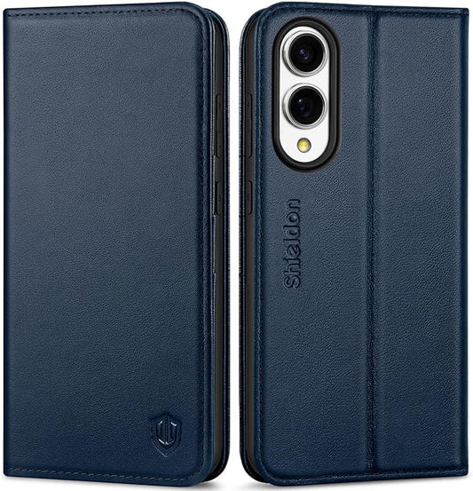 SHIELDON Case for Galaxy S25 Edge 6.7", Genuine Leather Wallet Case with RFID Blocking Card Holder Kickstand Shock Absorbing Full Protective Cover Compatible with Galaxy S25 Edge 5G - Nappa Navy Blue