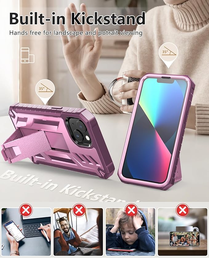 for iPhone 13/14 Protective Case: for iPhone 16e Cover with Built-in Kickstand | Heavy Duty Military Grade Hard Protection Shock Proof | Durable Dual-Layer Design Rose