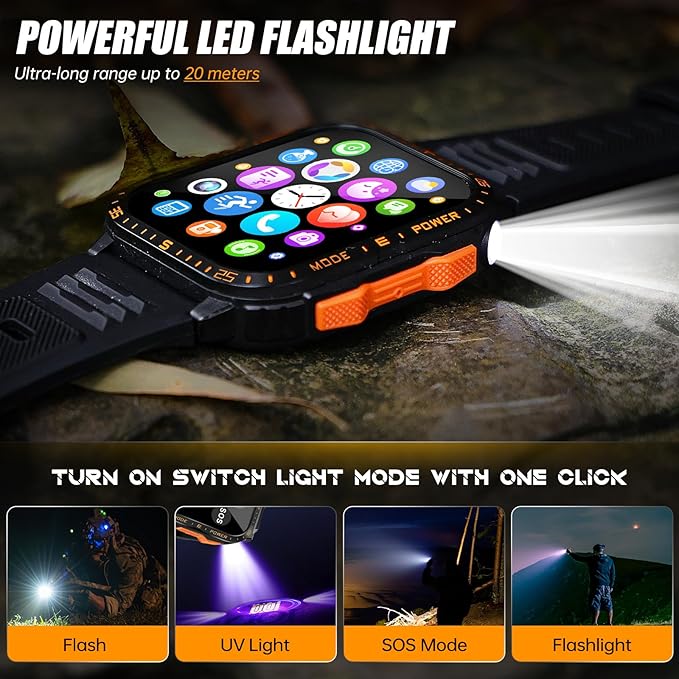 Military Smart Watch for Men with LED Flashlight/UV Light 3ATM Waterproof 1.96" Big Screen Rugged Tactical Smartwatch with Text and Call Fitness Tracker with HR/Sleep Monitor for iPhone Android