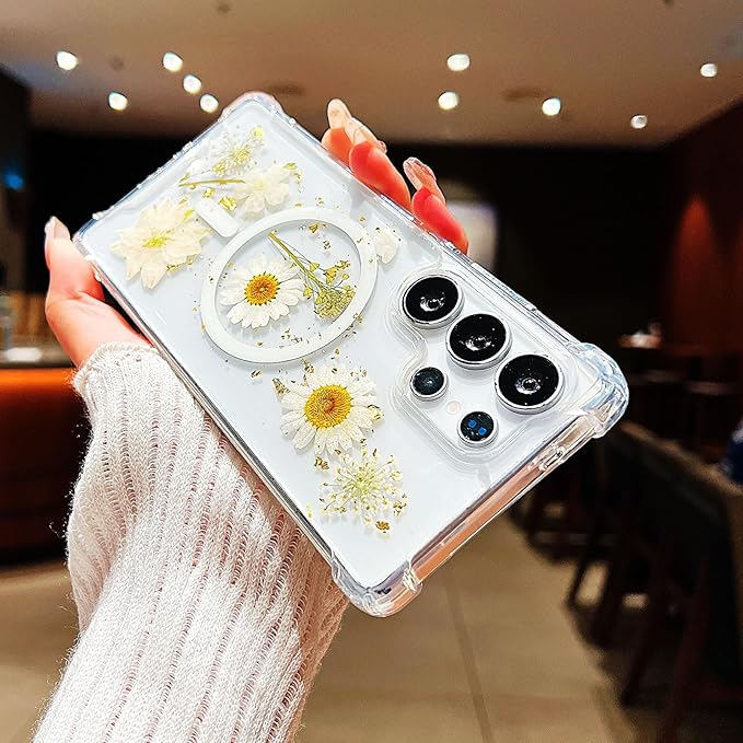 Compatible with Samsung Galaxy S23 Ultra Case,Compatible with MagSafe,Cute Pressed Dried Flowers Design Women Girly Shockproof Floral Clear Magnetic Case for Galaxy S23 Ultra (White)