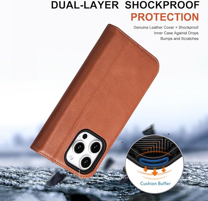 Case for iPhone 16 Pro Max 5G 2024-Genuine Leather Folio Wallet Magnetic Kickstand RFID Blocking Card Slots Shock-Absorbent Phone Cover Compatible with iPhone 16 Pro Max 6.9" (Brown)