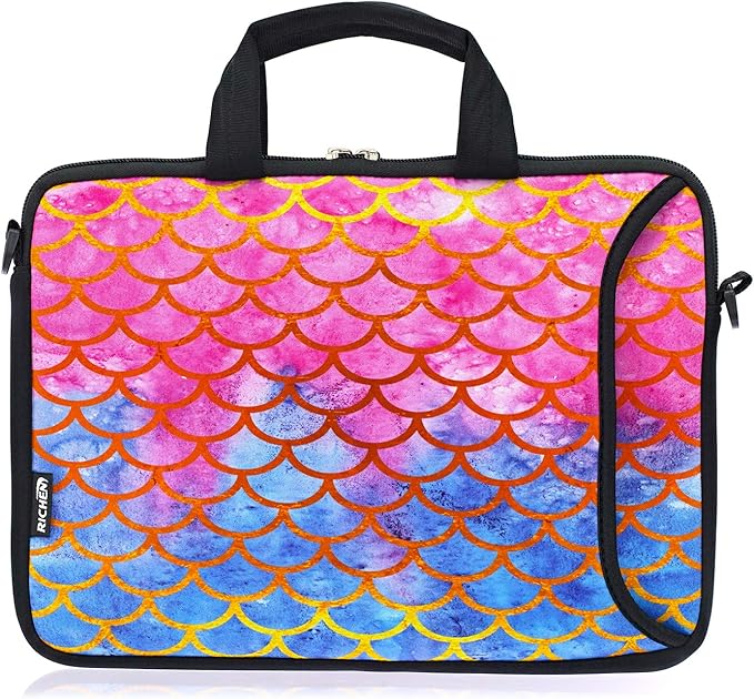 RICHEN 14 15 15.4 15.6 inch Laptop Shoulder Bag Notebook Handle Sleeve Neoprene Soft Carrying Travel Case with Accessories Pocket (14-15.6 inch, Mermaid Scale)