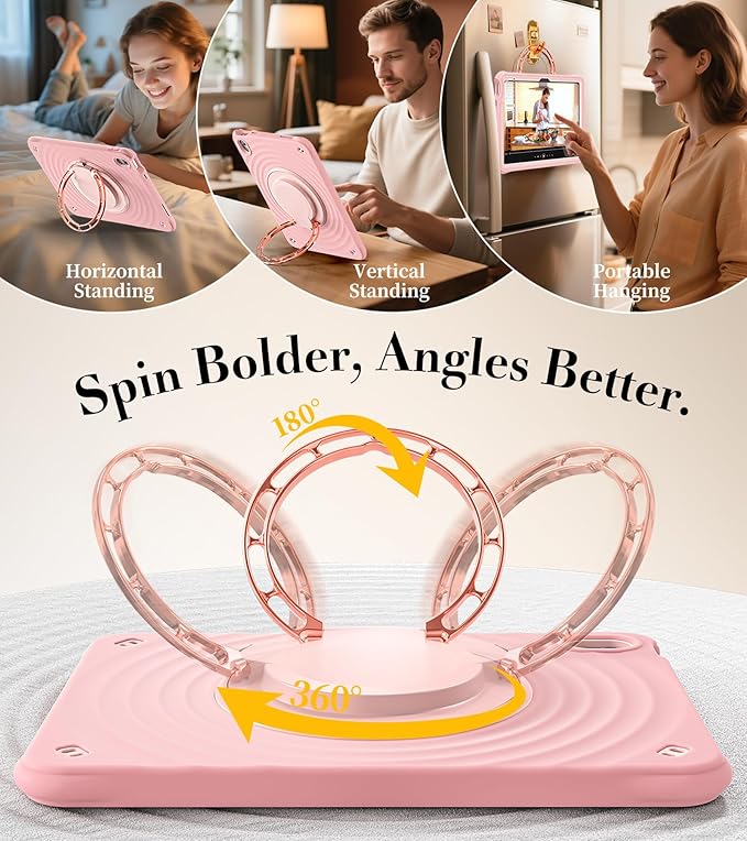 BRAECN Ripple Case for iPad (A16)11th/10th Generation 11/10.9 inch 2025/2022 Zinc Alloy Handle Ring Stand Protective Heavy Duty Screen Protector 360°Rotating 180°Folding Shoulder Strap Full-Body Cover