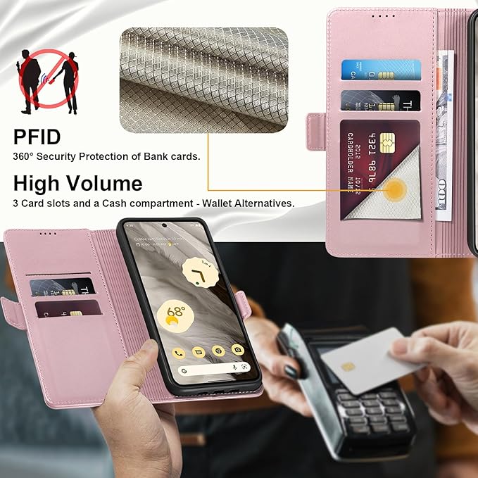 Wallet Flip Case for Google Pixel 7A - [RFID Blocking] Luxury PU Leather Card Holder Magnetic Phone Cover with Kickstand,Shockproof Protective Case,Pink